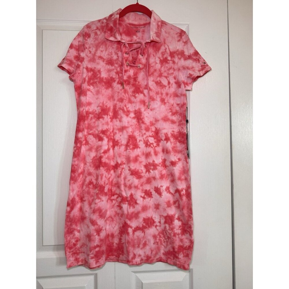 Tommy Hilfiger Pink Tie Dye Polo Dress Lace Up Cotton Size Medium NWT - Picture 2 of 11